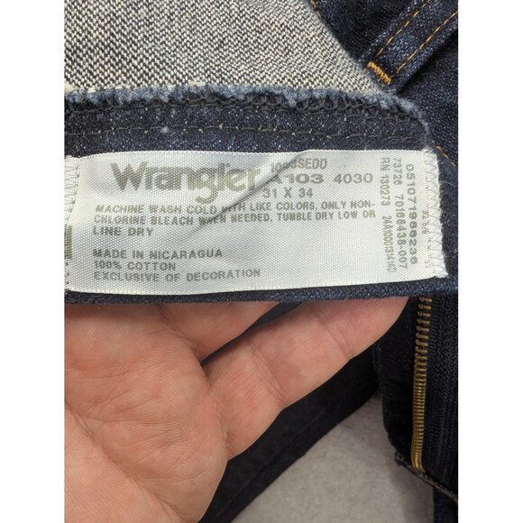 Wrangler Jeans Mens 31x34 Dark Blue Denim Straight Leg Zip Fly Classic Cowboy - Picture 12 of 12